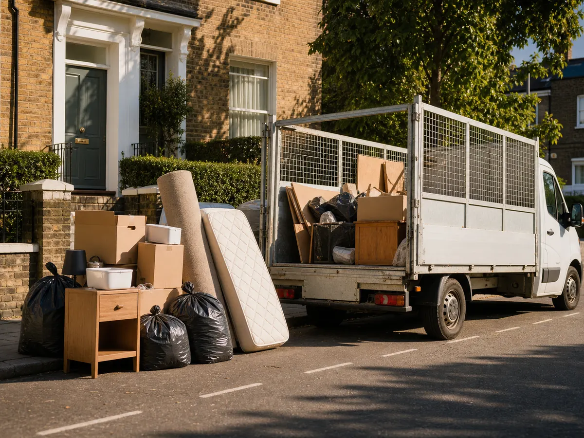 Half-full waste removal van with end of tenancy boxes, bags and a mattress outside a rental property