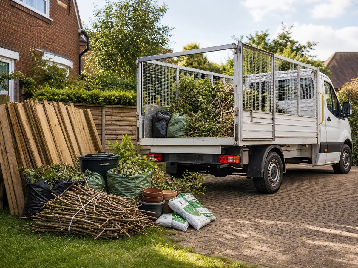 Half-full waste removal van with branches, fence panels and garden waste bags beside it